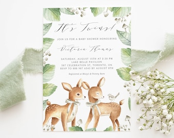 Printable Twins Baby Shower Invitation Template -  Watercolor Woodland Twin Deers Baby Shower Invite - Editable Forest Baby Shower TD65
