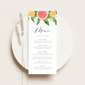 Modèle imprimable de carte de menu de mariage de pamplemousse - bricolage 4 x 9 aquarelle pamplemousse et oranges carte de menu de mariage d'été - menu modifiable #013
