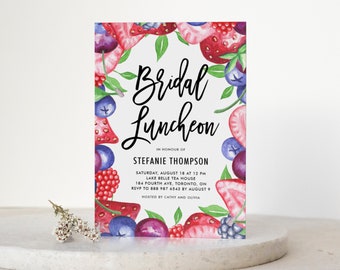 Printable Berries Bridal Shower Invitation Template - Botanical Watercolor Mix Berries Bridesmaids Luncheon Evite - Editable Invitation #039