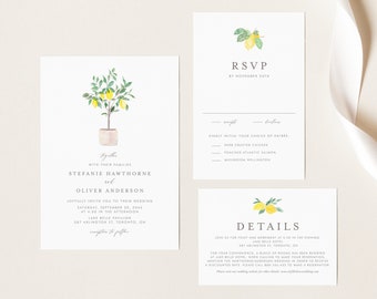 Printable Lemon Wedding Invitation Set Template - Watercolor Lemon Tree Summer Wedding Invite, RSVP & Details Cards - Wedding Suite LT90
