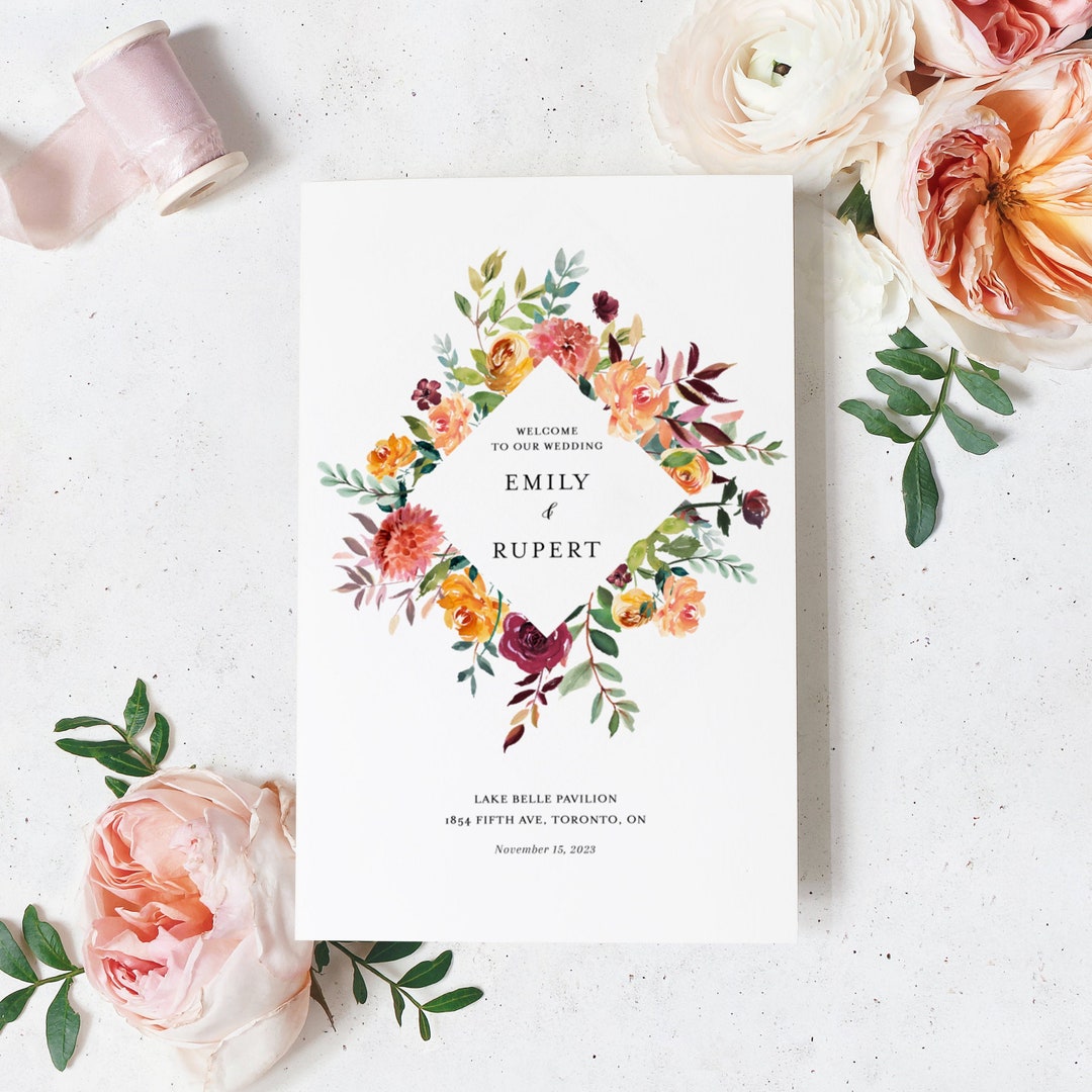 Printable Fall Wedding Program Booklet Template - Watercolor Autumn ...