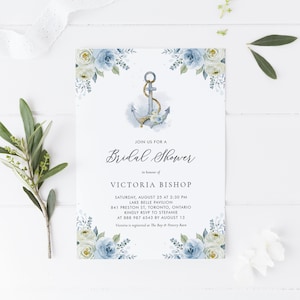 Printable Floral Anchor Bridal Shower Invitation Template - Watercolor Anchor Blue Floral Nautical Bridal Brunch Evite - Editable Invite 035