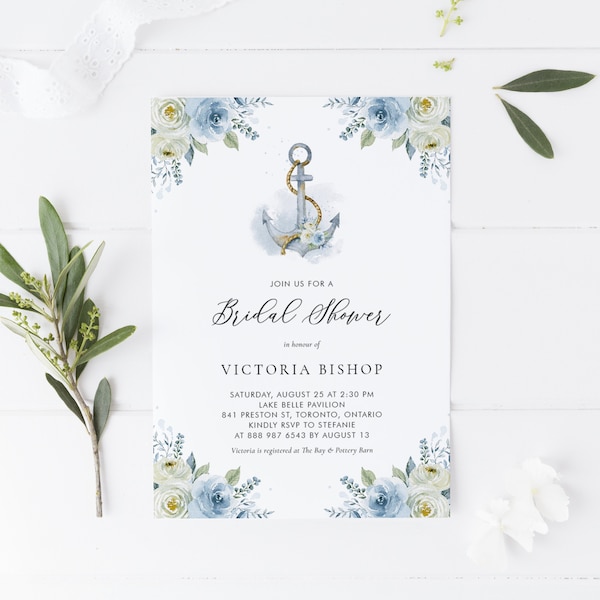 Printable Floral Anchor Bridal Shower Invitation Template - Watercolor Anchor Blue Floral Nautical Bridal Brunch Evite - Editable Invite 035