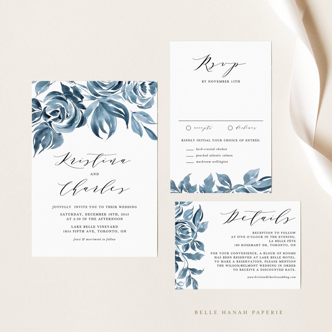 Printable Blue Wedding Invitation Set Template - Watercolor Winter ...