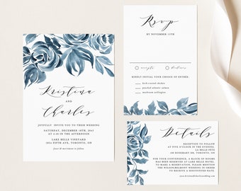 Printable Blue Wedding Invitation Set Template - Watercolor Winter Foliage Wedding Invite & Enclosure Cards - Editable Wedding Suite BWF7