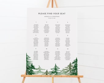 Printable Woodland Wedding Seating Chart Template - Watercolor Rustic Forest Wedding Table Plan - DIY Editable Mountain Seating Chart WF63