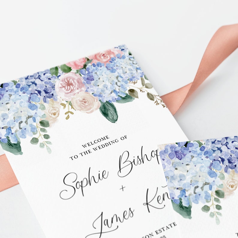 Blue Floral Wedding Program Fans Template Printable Blue Hydrangeas and Pink Roses Wedding Ceremony Fans DIY Editable Templett BHR5 image 2