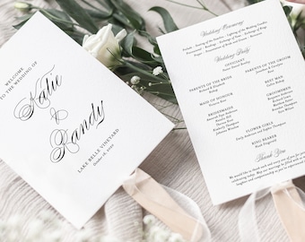Plantilla imprimible para fanáticos del programa de bodas - Abanico de bodas editable 5x7 - Katie Script - Abanicos de programas de colores personalizables - Descarga instantánea