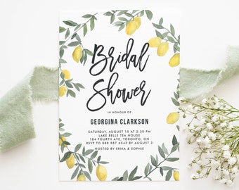 Printable Boho Lemon Wreath Bridal Shower Invitation Template, DIY Watercolor Lemon Wreath Summer Bridal Shower Evite, Editable Invite BLW1