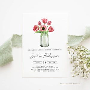 Stampabile Mason Jar nuziale doccia invito modello - fai da te acquerello tulipani rossi giardino brunch nuziale invito - invito modificabile RT17
