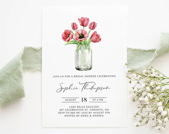 Printable Mason Jar Bridal Shower Invitation Template - DIY Watercolor Red Tulips Garden Bridal Brunch Invite - Editable Invitation RT17