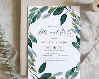 Printable Eucalyptus Wreath Retirement Party Invitation Template - DIY Watercolor Greenery Wreath Retirement Evite - Editable Invite REW18