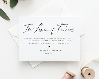 Printable In Lieu of Favors Card Template - 3.5x5 Calligraphy In Lieu of Gifts Card - Wedding Donations Card - Editable In Lieu of Favors