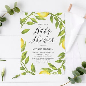Lemon Baby Shower Invitation Template - Printable Watercolor Lemon Greenery Garland Summer Baby Shower Brunch Invite - DIY Editable LGW2
