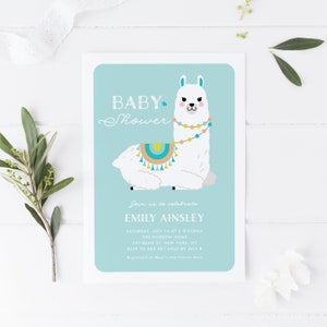 Printable Llama Baby Shower Invitation Template - Editable It&#39;s a Boy Llama Invitation - Blue Cute Llama with Colorful Pompoms Invitation
