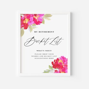 Segno stampabile magenta floreale per l'elenco dei desideri di pensionamento - 8x10 fiori rosa caldo dipinti a mano segno di auguri di pensionamento - Download istantaneo FW12