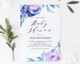 May include: A baby shower invitation with a watercolor floral design in shades of blue and purple. The invitation reads "Join us for a Baby Shower in honour of Stefanie Bishop" and includes the date, time, location, RSVP information, and registry details.