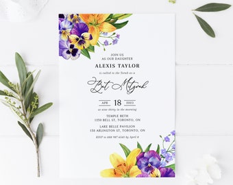 Floral Bat Mitzvah Invitation Template - Printable Watercolor Yellow Lily and Purple Pansy Bar Mitzvah Invite - DIY, Editable YLPP08