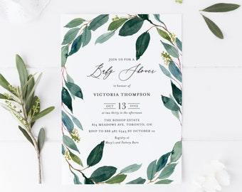 Printable Greenery Baby Shower Invitation Template - Watercolor Eucalyptus Wreath Baby Shower Brunch Invite - Editable Invitation REW18