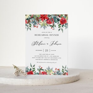 Printable Winter Floral Engagement Party Invitation Template - Watercolor Christmas Flowers Rehearsal Dinner Evite - Editable Invite PO21