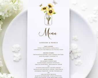 Sonnenblumen im Einmachglas Menükartenvorlage - druckbare Sonnenblumen Land rustikale Hochzeit Menükarte - DIY bearbeitbare 4x9 Menükarte SM38