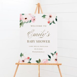 Printable Pink Floral Baby Shower Welcome Sign Template, DIY Watercolor Pink Flowers Girl Baby Shower Poster, Editable Baby Shower Sign LP13