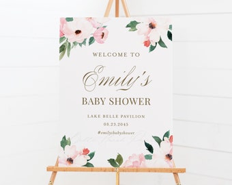 Printable Pink Floral Baby Shower Welcome Sign Template, DIY Watercolor Pink Flowers Girl Baby Shower Poster, Editable Baby Shower Sign LP13