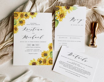 Printable Sunflower Wedding Invitation Set Template - DIY Rustic Sunflowers Summer Invite, RSVP, Details Card - Editable Wedding Suite WS95