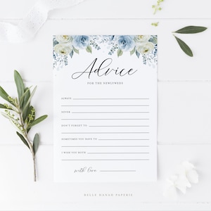 Tarjeta de consejos de boda imprimible, consejos de rosas azules y marfil de acuarela para los recién casados, consejos para los novios, descarga instantánea IB12