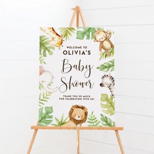 Bearbeitbare Safari-Babyparty-Willkommensschild-Vorlage - druckbare niedliche Aquarell-Safari-Tiere-Babyparty-Poster - DIY, Templett SF87