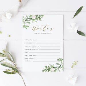 Groenwensen voor de bruid en bruidegomkaart - Afdrukbaar aquarelgroen met witte bloemen Bruiloftwensenkaart - Instant Download GWF23