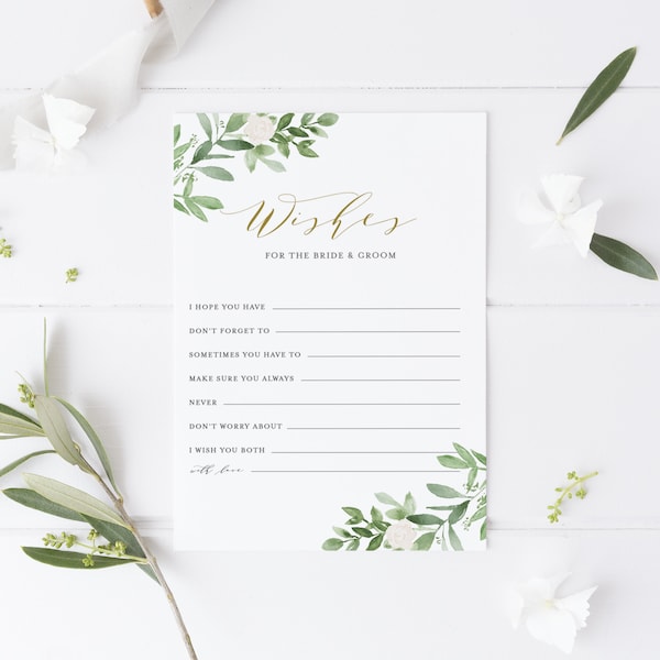 Greenery Wishes for the Bride and Groom Card - Printable Watercolor Greenery with White Flowers Wedding Wishes Card - Instant Download GWF23