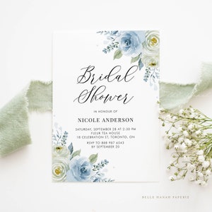 Printable Blue Floral Bridal Shower Invitation Template - Watercolor Blue and Ivory Roses Bridal Shower Evite - Editable Invitation IB12