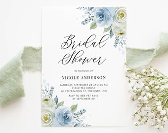 Printable Blue Floral Bridal Shower Invitation Template - Watercolor Blue and Ivory Roses Bridal Shower Evite - Editable Invitation IB12