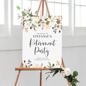 Editable Magnolias Retirement Party Welcome Sign Template - Watercolor Magnolias and Cotton Garland - Printable Autumn Retirement Sign #012
