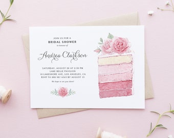 Printable Pink Cake Bridal Shower Invitation Template - Watercolor Pink Ombre Cake and Roses Tea Party Invite - Editable Invitation POC38