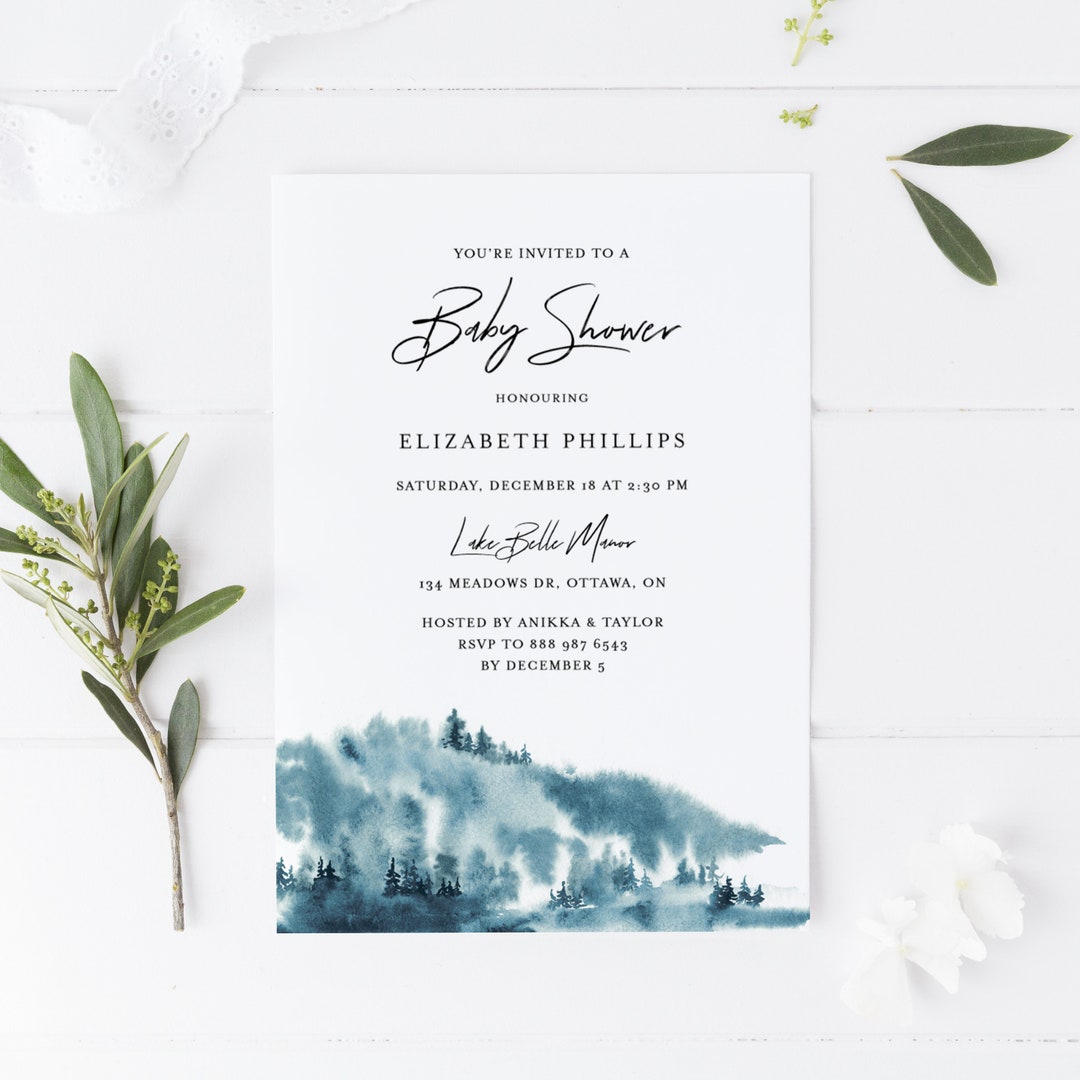 Printable Winter Mountain Baby Shower Invitation Template Watercolor ...