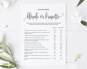 Printable Guess Who Blonde or Brunette Bridal Shower Game, How Well Do You Know The Twin Sisters Sophie Script Shower Game, Instant Download