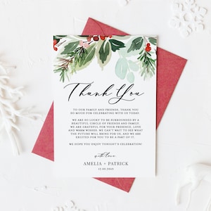 Modelo de cartão de agradecimento para casamento no inverno - Cartão de agradecimento para chá de bebê de frutas vermelhas e folhagens em aquarela para impressão - Cartão de agradecimento editável CG25