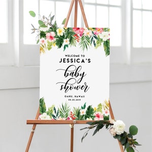 Editable Tropical Baby Shower Welcome Sign Template - Printable Watercolor Tropical Flowers and Leaves Summer Baby Shower Luau Poster #010