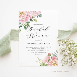 Printable Floral Bridal Shower Invitation Template - DIY Watercolor Pink Roses and Eucalyptus Bridal Luncheon Evite - Editable Invite PRE5