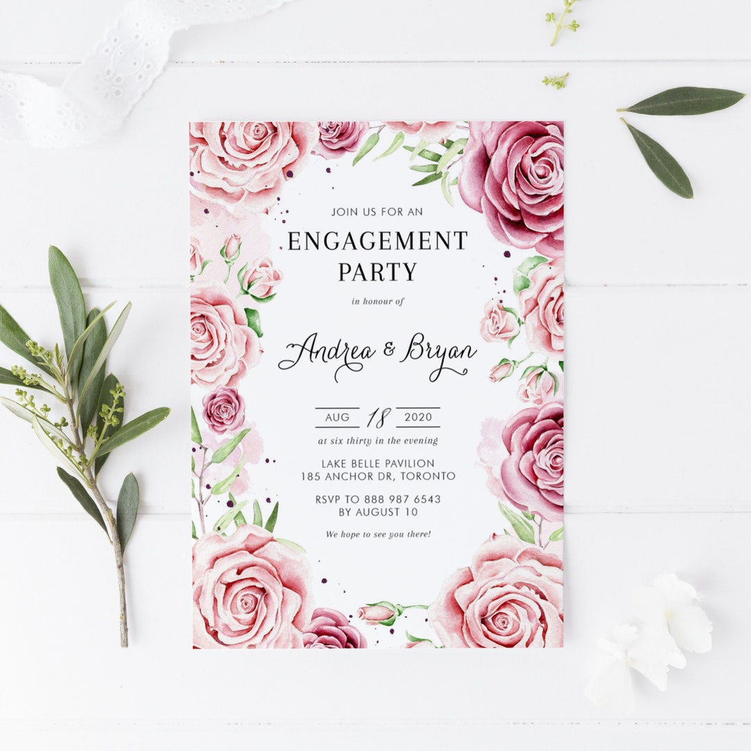 Printable Floral Engagement Party Invitation Template - Watercolor Pink ...