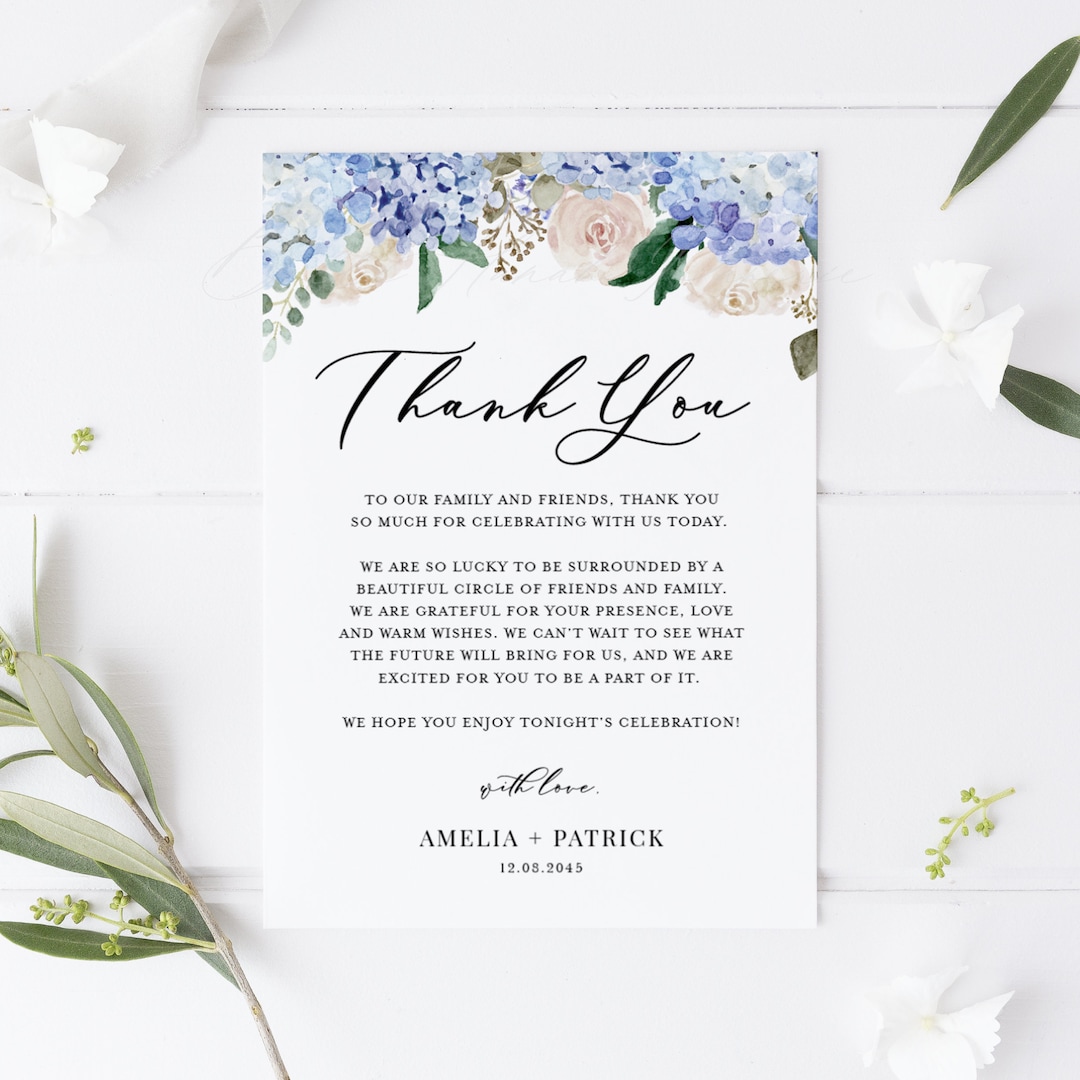 DIY Blue Floral Wedding Thank You Card Template, Printable Blue ...