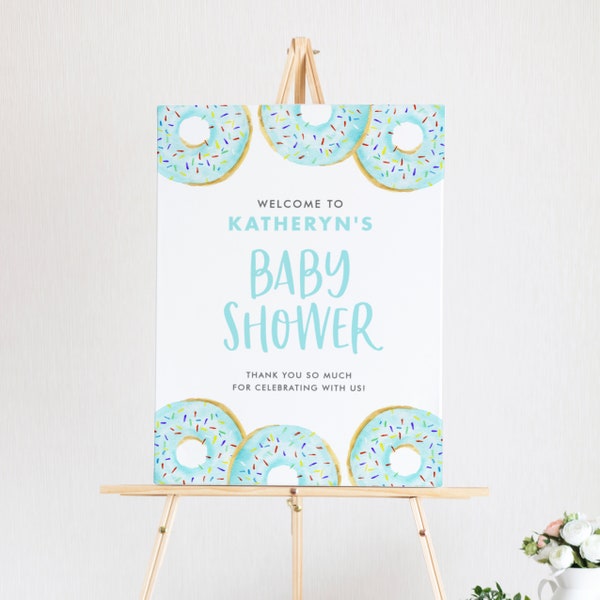 Imprimable Blue Donuts Baby Shower Welcome Sign Template - DIY 18"x24" Aquarelle Blue Donuts Baby Shower Sprinkles Poster - Editable BD32