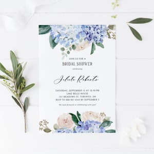 Blue Floral Bridal Shower Invitation Template - Printable Watercolor Blue Hydrangeas White Roses Bridal Luncheon Invite - DIY Editable BH12
