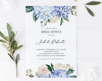 Blue Floral Bridal Shower Invitation Template - Printable Watercolor Blue Hydrangeas White Roses Bridal Luncheon Invite - DIY Editable BH12