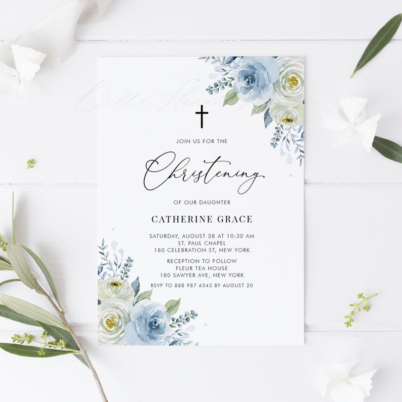 Printable Blue Floral Christening Invitation Template Etsy