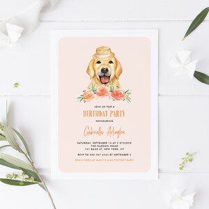 Printable Golden Retriever Dog Birthday Party Template - Watercolor Golden Retriever with Peach Flowers Birthday Invite - DIY Editable