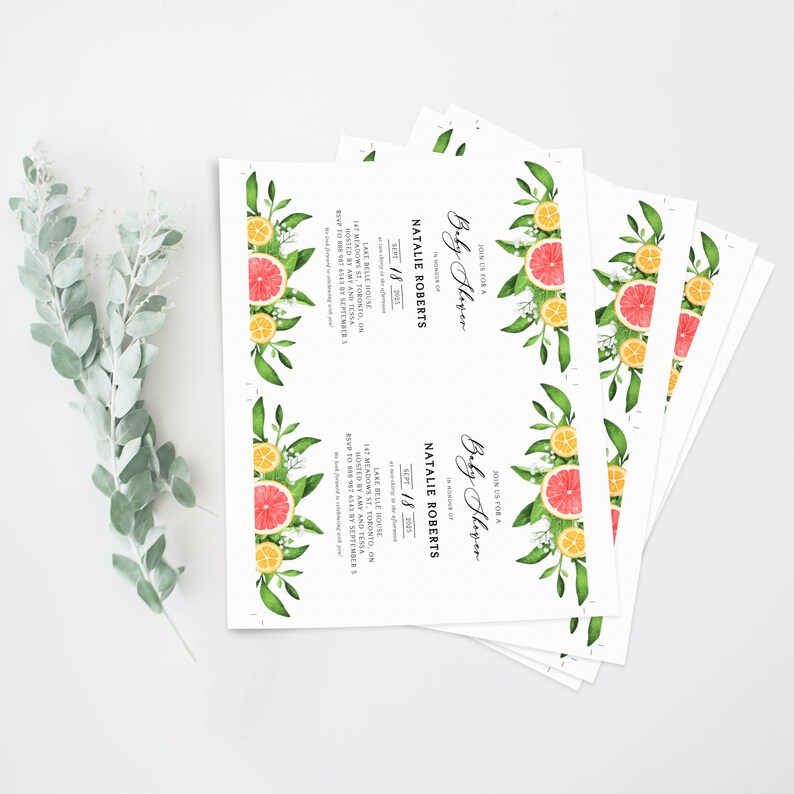 Grapefruits Birthday Party Invitation Template - Printable Watercolor Grapefruits and Oranges Garland Citrus Summer Birthday Invite - #013 image 3