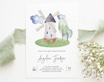 DIY Windmill Baby Shower Invitation Template - Printable Watercolor Windmill Baby Shower Invite - Editable Farm Baby Shower Templett FA31